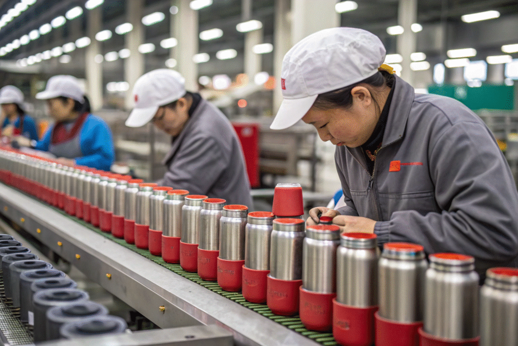 The step-by-step manufacturing process of a stainless steel bottle on a factory line.