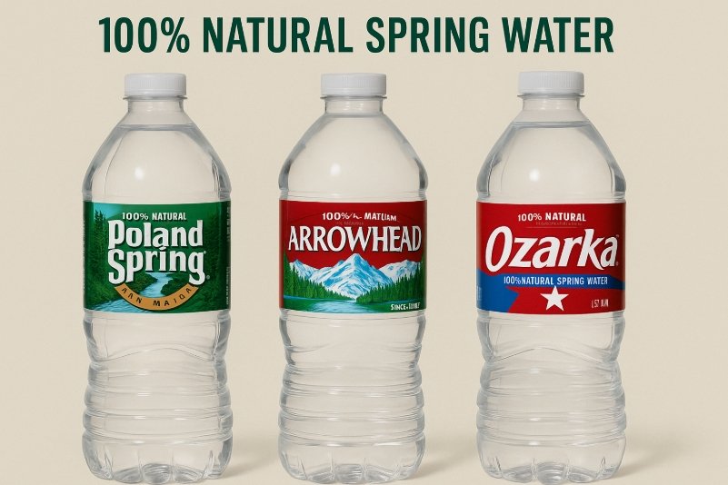 A bottle of Poland Spring water with a lush, green forest spring in the background.