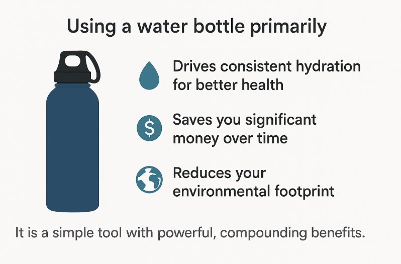 A person smiling while drinking from a colorful, stylish reusable water bottle.