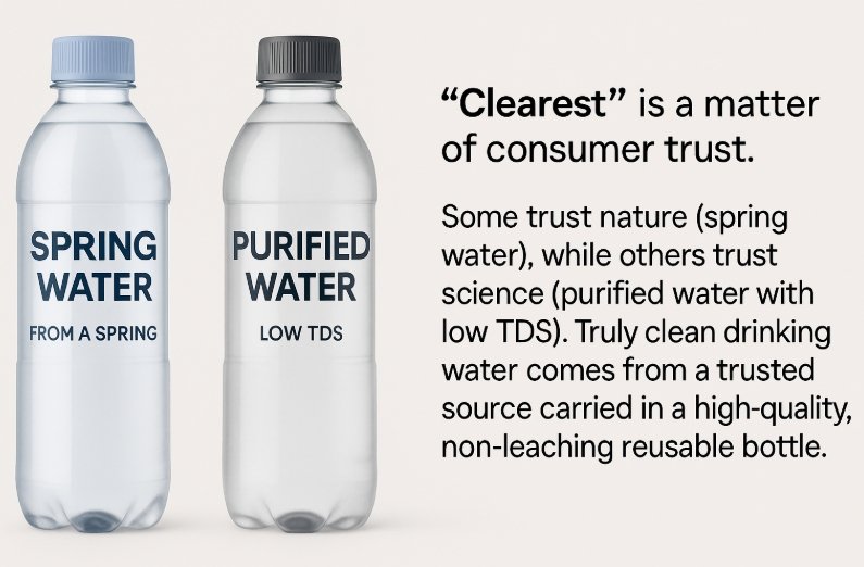 A crystal clear glass of water with a reusable glass bottle next to it.