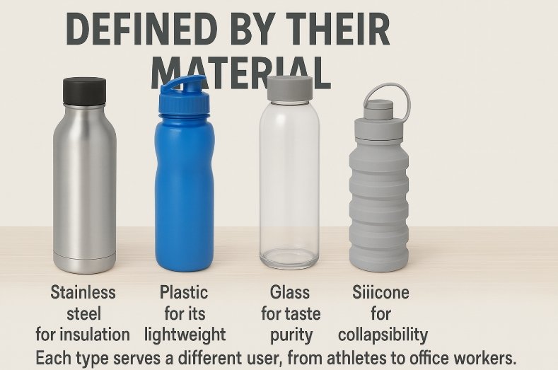 A lineup of different types of water bottles including stainless steel, plastic, and glass.