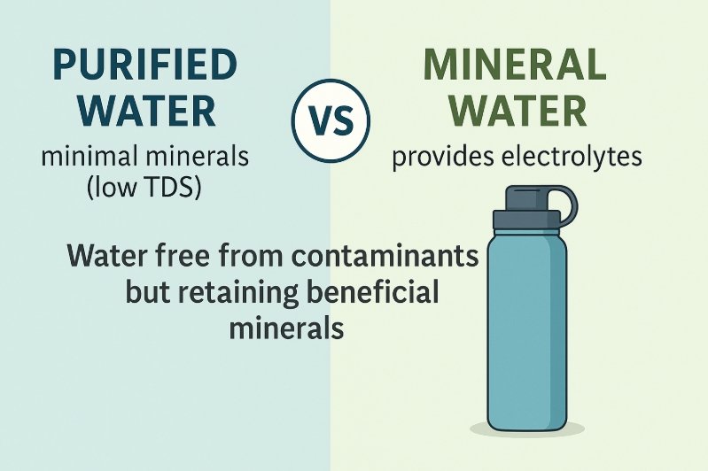 A diagram showing the difference between purified water and mineral water molecules.