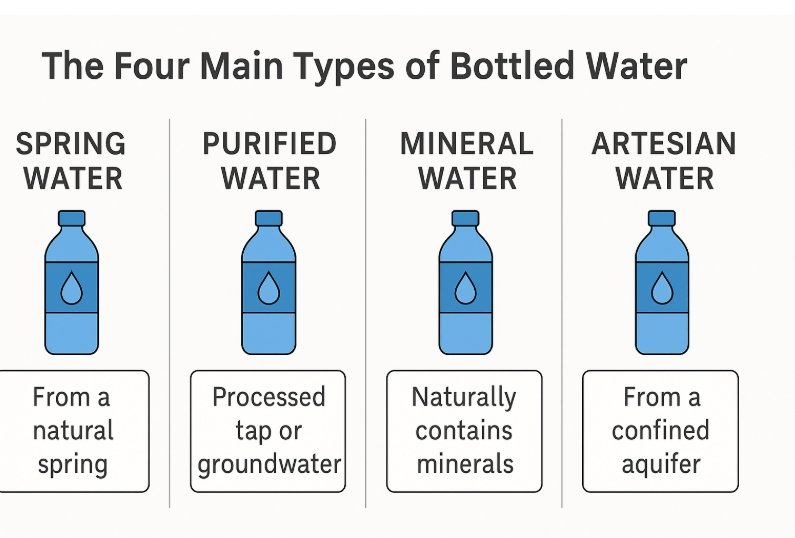 A graphic showing four water sources: a mountain spring, a water purification plant, and an artesian well.