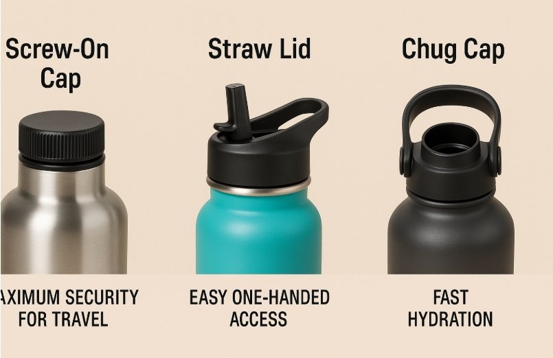 A close-up shot of several different types of bottle caps: screw-on, straw, chug, and flip-top.