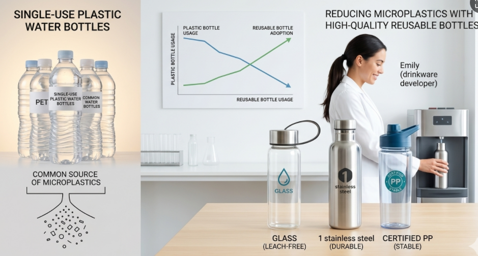 A person refilling a reusable glass water bottle from a tap.