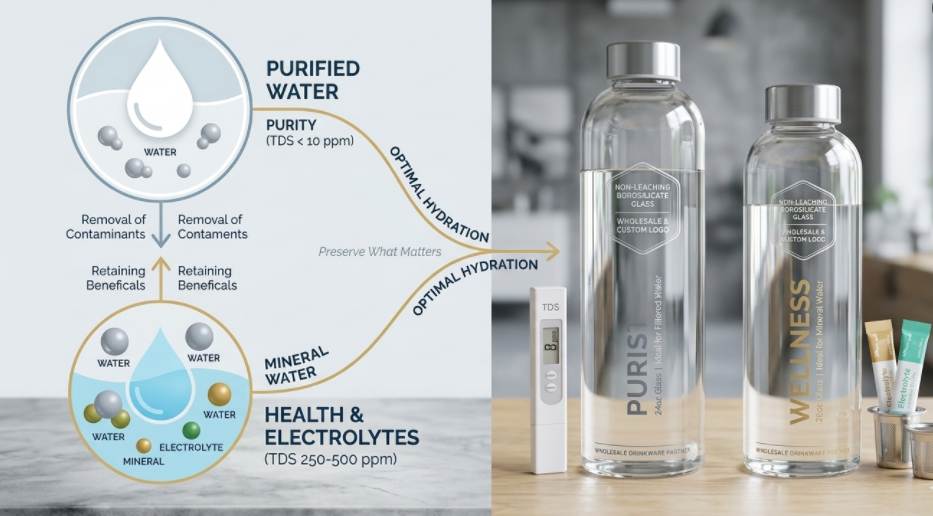 A diagram showing the difference between purified water and mineral water molecules.