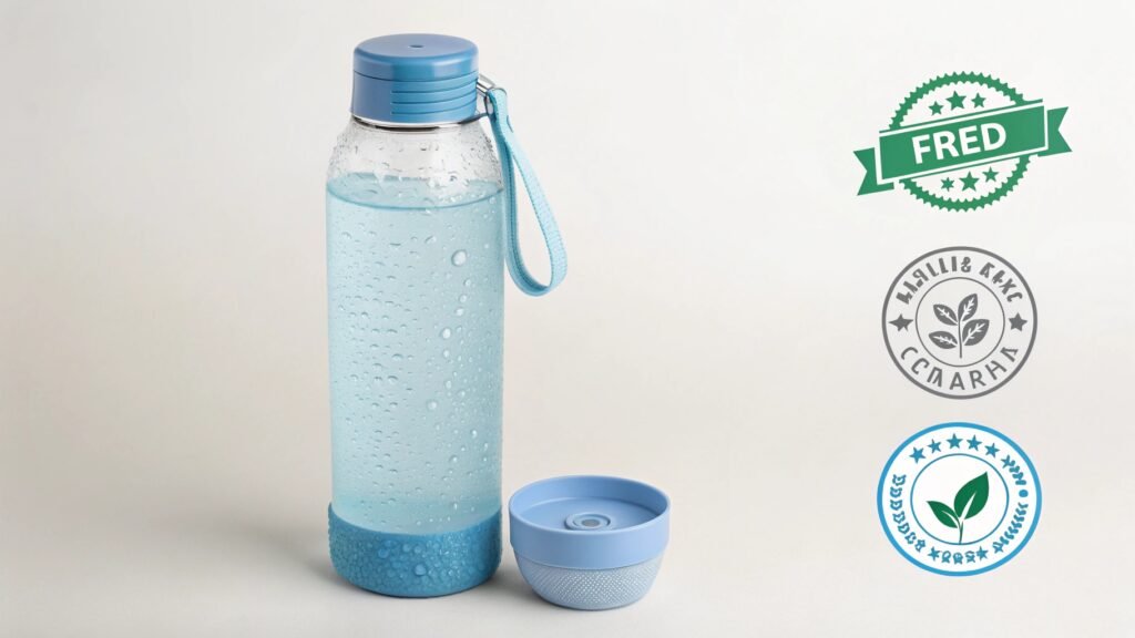 Close-up of the bottom of a plastic bottle showing the recycling symbol and material code.