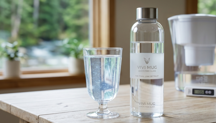 A crystal clear glass of water with a reusable glass bottle next to it.
