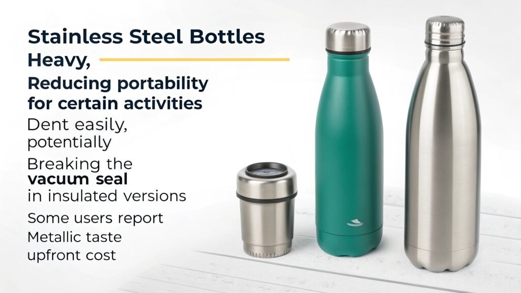 A dented stainless steel water bottle next to a pristine one.