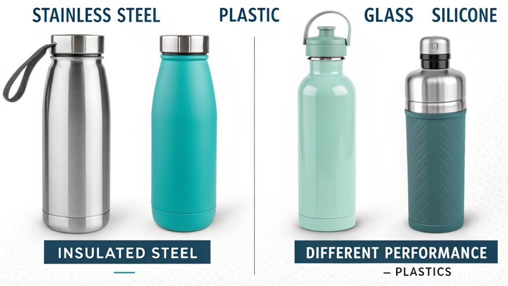 A collage showing four water bottles made from stainless steel, plastic, glass, and silicone.