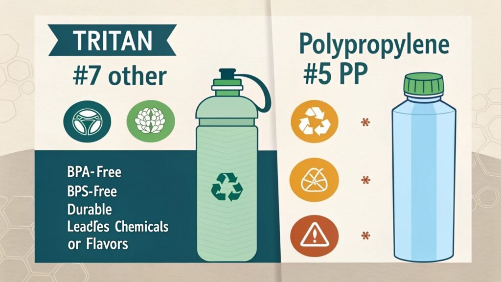 A clear, sturdy Tritan water bottle next to a colorful PP plastic lid.