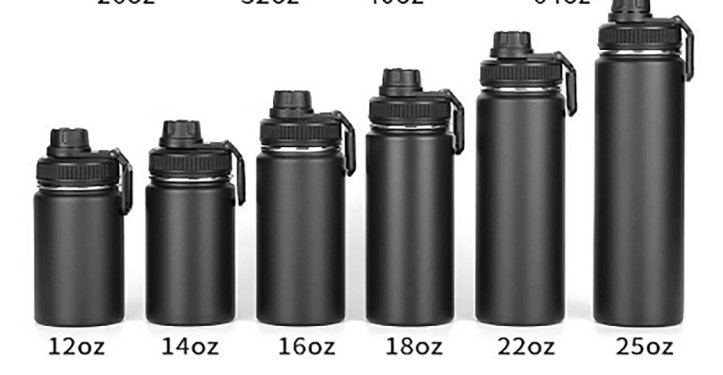 A 16 oz reusable water bottle standing next to a standard disposable plastic water bottle for scale.