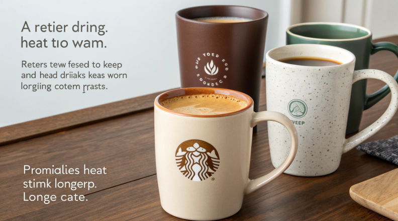 A classic white ceramic mug filled with coffee on a wooden table.