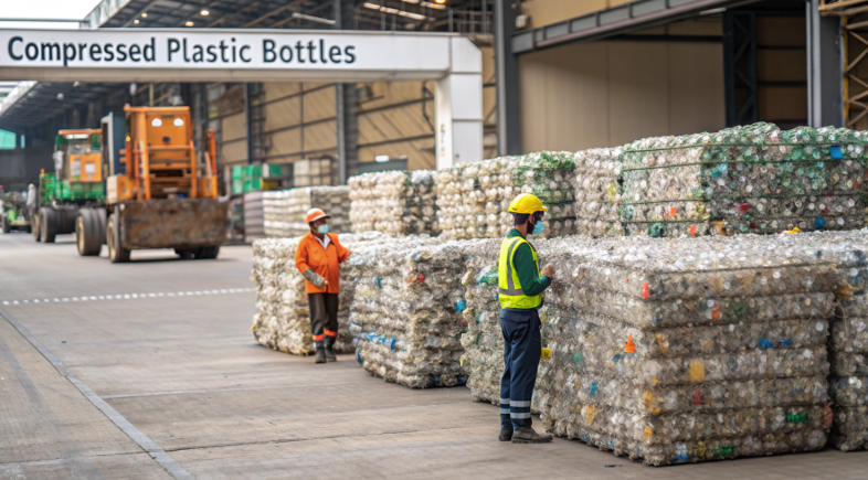bales of compressed plastic bottles at a recycling facility