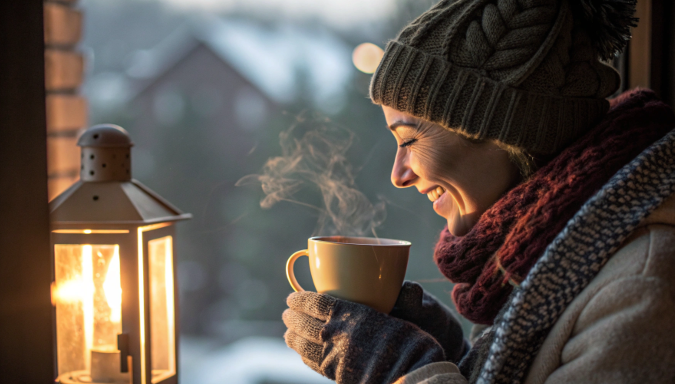 a close-up of a person smelling the aroma from a warm ceramic coffee mug