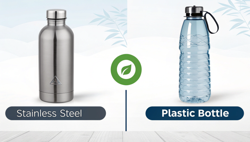 A stainless steel water bottle with a noticeable dent on its side, sitting on the ground.