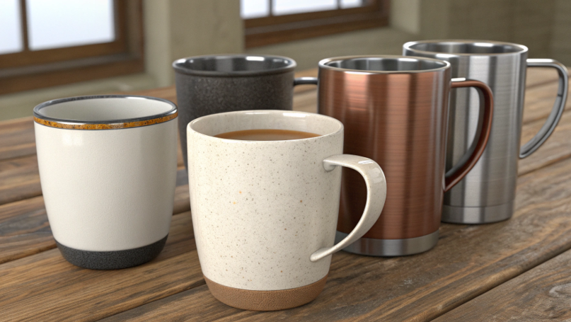 A collection of mugs made from different materials: ceramic, porcelain, glass, and steel.