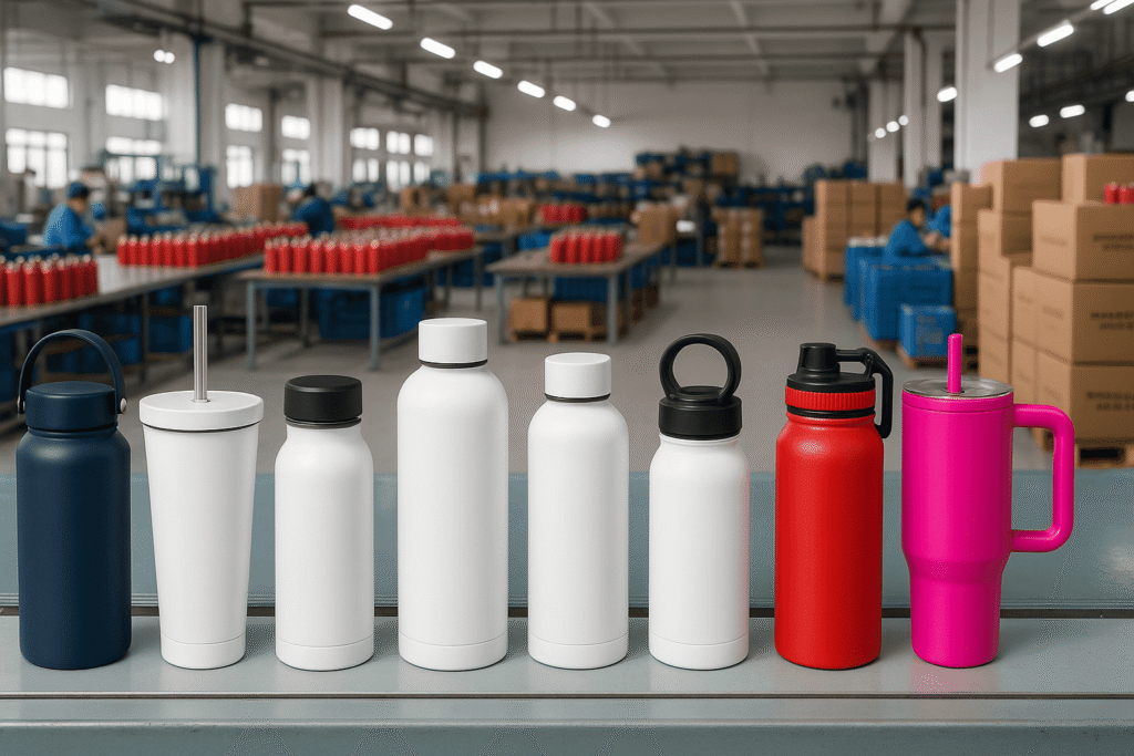 A lineup of water bottles in various sizes from small to large against a clean background.