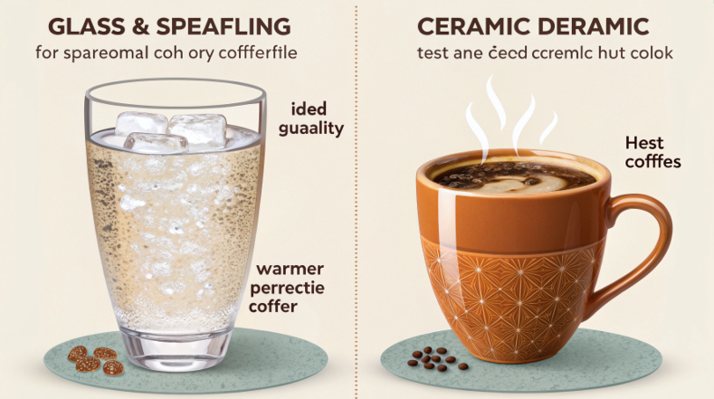 A person enjoying a cold iced tea from a glass, next to another person warming their hands on a hot ceramic mug.