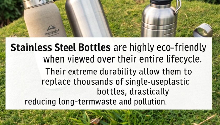 A stainless steel water bottle being refilled next to a graphic showing a pile of discarded plastic bottles.