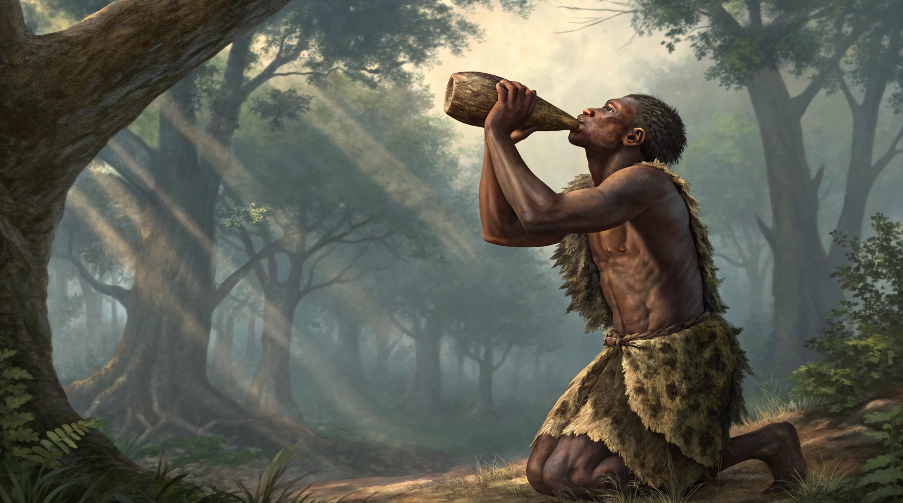 An illustration depicting an early human drinking water from a hollowed-out gourd.