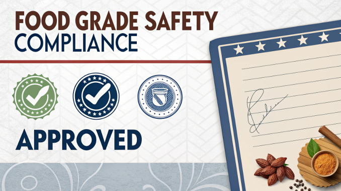 A certificate showing food-grade safety compliance, like an FDA approval document.