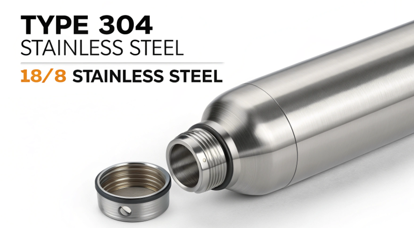 a macro photo showing the gleaming interior of a stainless steel bottle, with an "18/8" stamp subtly visible