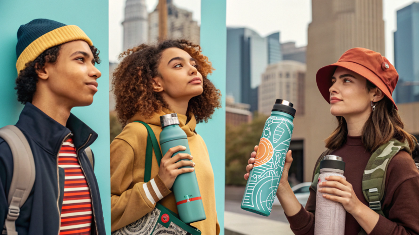 A young person customizing their colorful plastic water bottle with stickers.