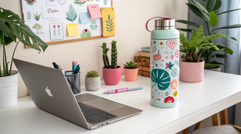 A Gen Z individual's desk with a laptop, plants, and a stylish, sticker-covered water bottle.