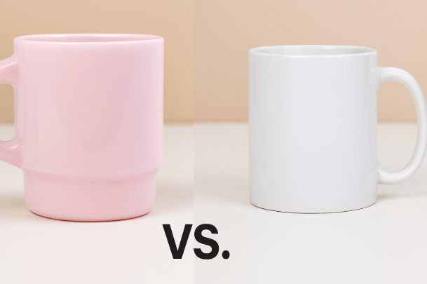 A side-by-side comparison of coffee in a clear glass mug and a thick ceramic mug.