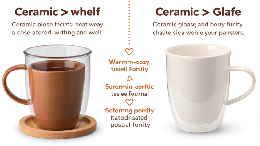 A glass mug and a ceramic mug sit side-by-side on a wooden table.