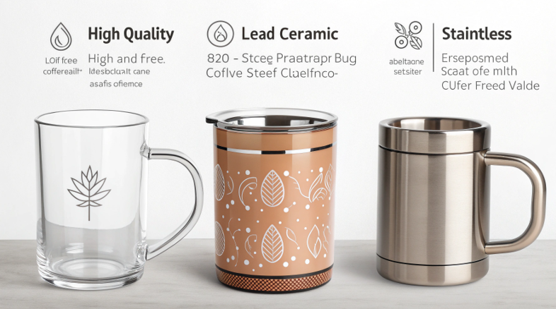 A lineup of mugs made from glass, ceramic, and stainless steel on a clean white background.