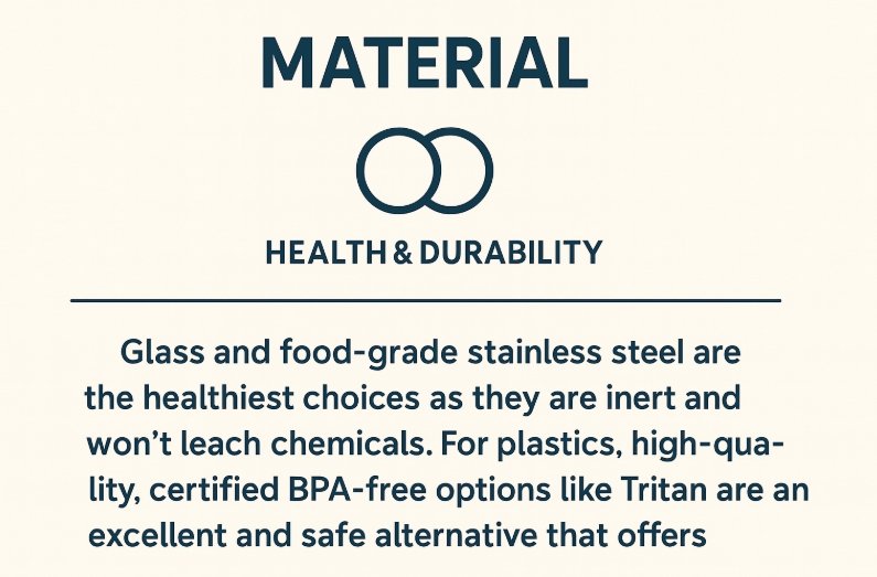 A side-by-side comparison of a glass, stainless steel, and Tritan water bottle.