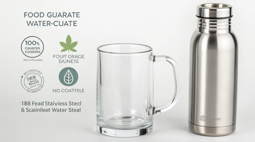 Side-by-side images of a clear glass bottle and a cutaway of a stainless steel bottle showcasing its pure interior.