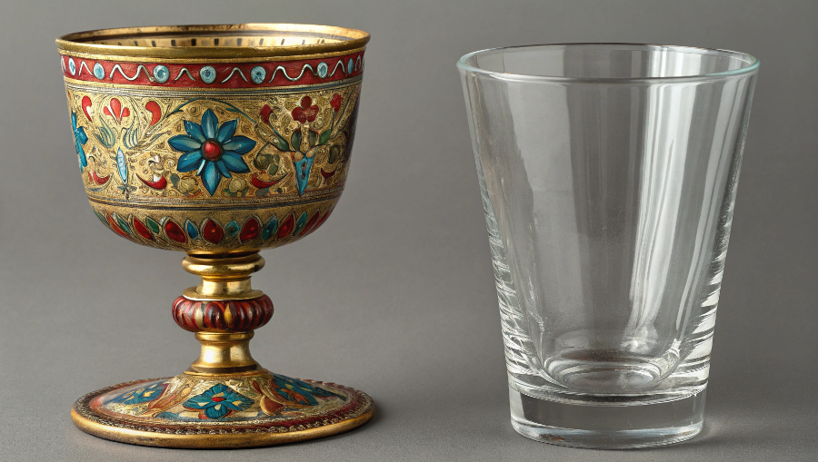 A contrast between an ornate, antique Venetian glass goblet and a simple, modern machine-pressed water glass.