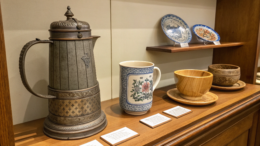 A display showing different historical drinking vessels, like a pewter tankard, a porcelain teacup, and a simple wooden cup.