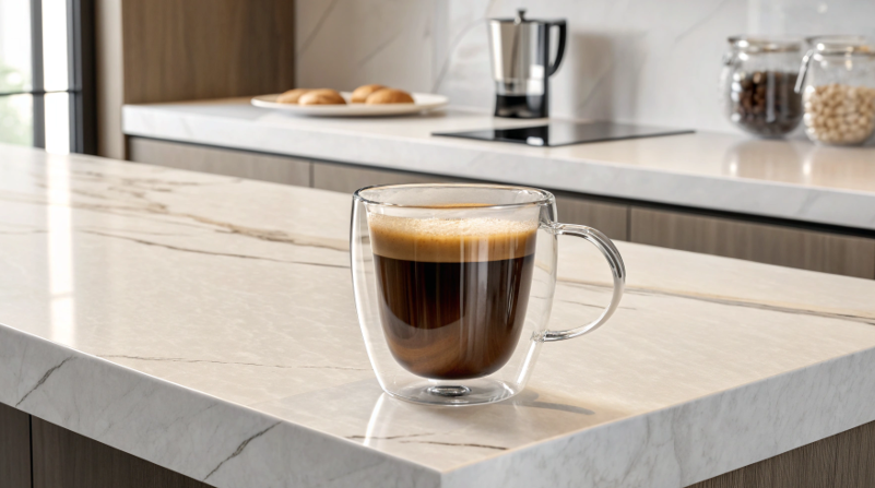 A sleek double-walled glass mug with coffee inside, placed on a minimalist marble countertop.