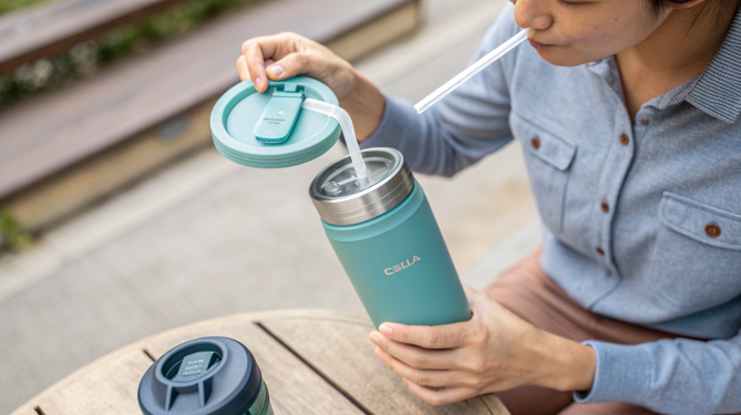 A person using the dual-function Owala FreeSip lid, showcasing both the straw and chug opening.
