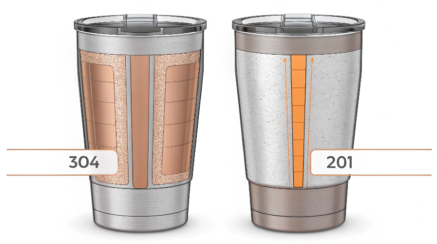 Two identical-looking tumblers side-by-side. One has a cutaway revealing thick walls, a copper lining, and 304 steel. The other cutaway shows thin walls and 201 steel.