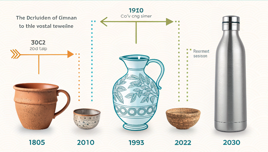 A visual timeline showing the evolution of drinkware from a clay cup to a Roman glass to a modern stainless steel bottle.