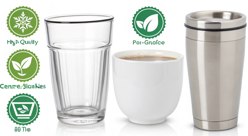 a person choosing between a glass, ceramic, and stainless steel mug, representing healthy choices