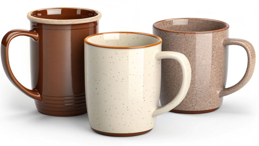 A photo showing the progression from raw clay to a finished ceramic mug.