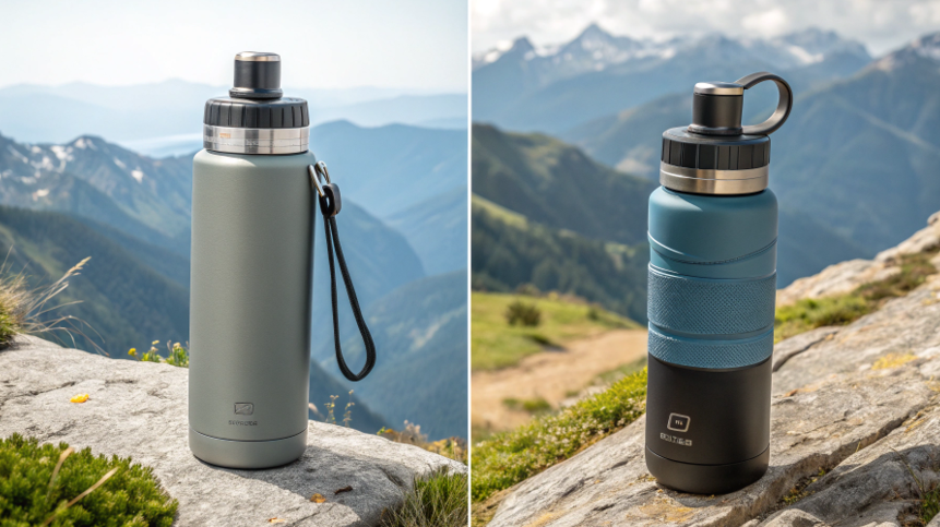 A person at the gym uses a spout-lid water bottle while another person hikes with a bottle attached to their backpack.