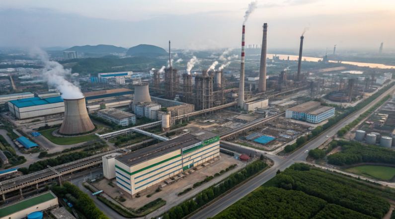 An aerial view of a dense industrial park with factory buildings in Yongkang, China.