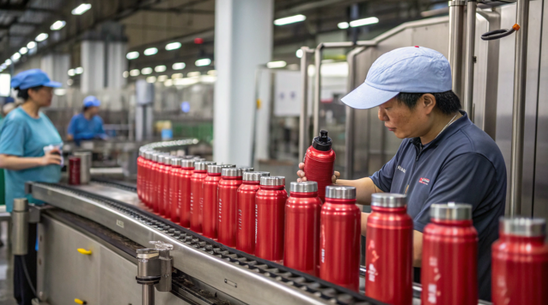 A product developer inspecting a stainless steel water bottle sample in a factory.