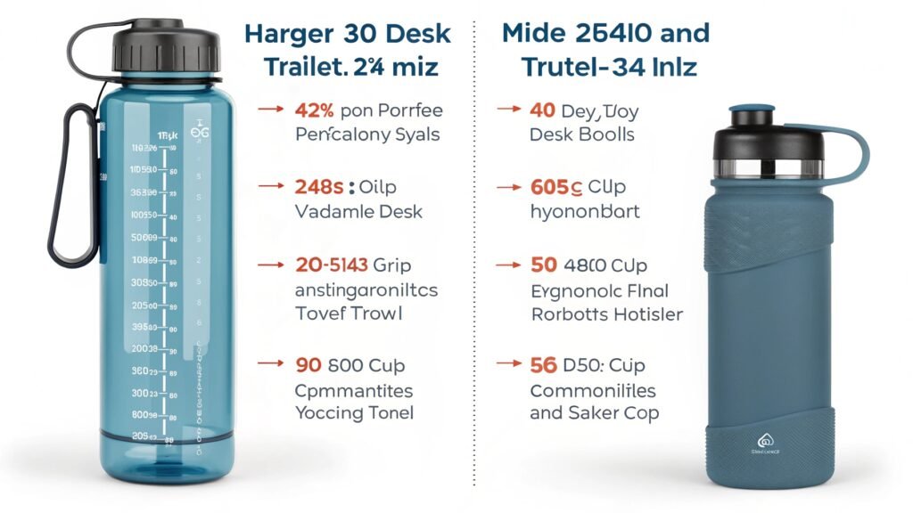 Three water bottles of different sizes: small, medium, and large, for comparison.