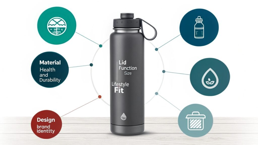 A collection of diverse water bottles in different materials, sizes, and colors.