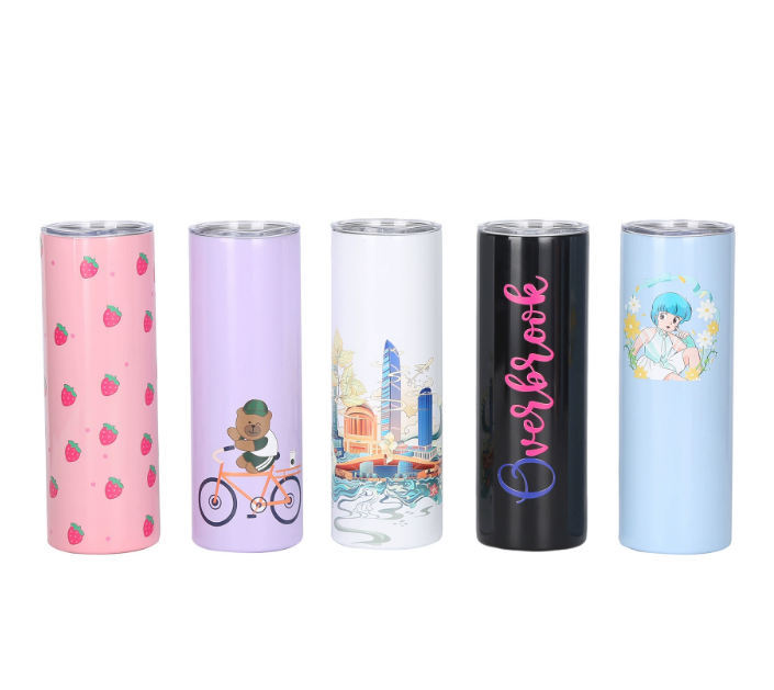 a sleek lineup of custom-branded stainless steel thermos bottles with different company logos