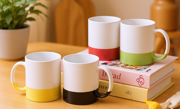 a curated shelf displaying mugs from different high-quality brands like Le Creuset and handmade pottery