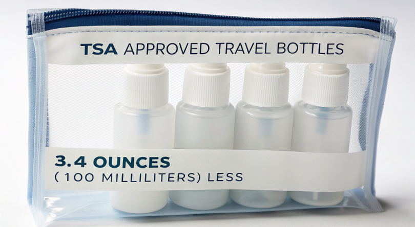 a collection of TSA-approved travel size bottles neatly arranged in a clear quart-sized bag
